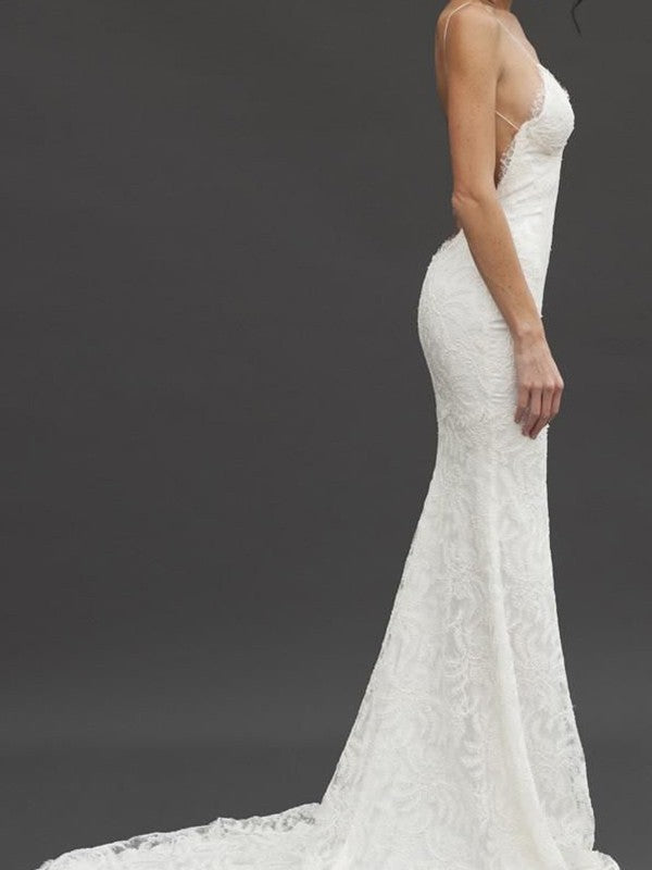 Sheath/Column Sleeveless V-neck Spaghetti Straps Court Train Lace Wedding Dresses CICIP0006240