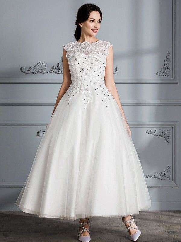 Ball Gown Scoop Sleeveless Tea-Length Tulle Wedding Dresses CICIP0006628