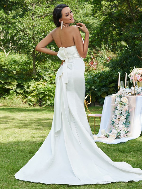 Trumpet/Mermaid Satin Ruched Strapless Sleeveless Sweep/Brush Train Wedding Dresses CICIP0006371