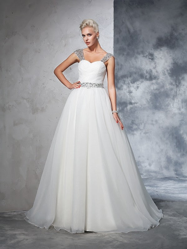 Ball Gown Straps Ruched Sleeveless Long Net Wedding Dresses CICIP0006544