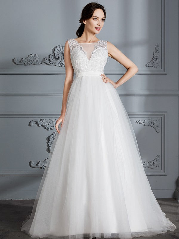 A-Line/Princess Sleeveless V-neck Sweep/Brush Train Tulle Wedding Dresses CICIP0006437