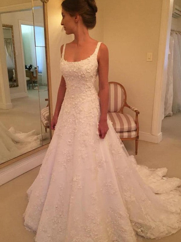 A-Line/Princess Sleeveless Straps Square Court Train Applique Lace Wedding Dresses CICIP0006364