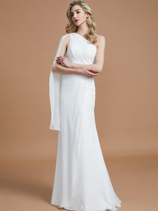 Sheath/Column One-Shoulder Sleeveless Floor-Length Chiffon Bridesmaid Dresses CICIP0005565