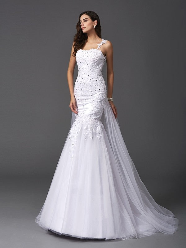 Trumpet/Mermaid Straps Beading Sleeveless Long Net Wedding Dresses CICIP0006774