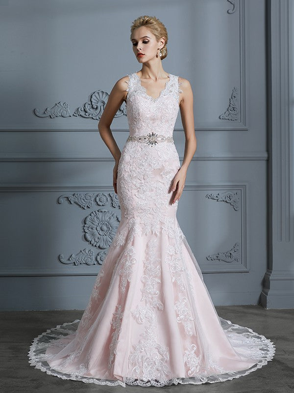 Trumpet/Mermaid V-neck Sleeveless Applique Tulle Court Train Wedding Dresses CICIP0006470