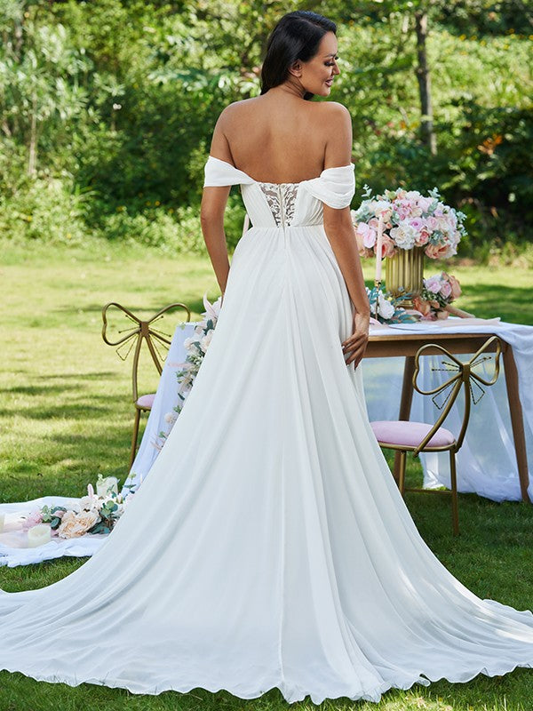 A-Line/Princess Chiffon Ruffles Off-the-Shoulder Sleeveless Sweep/Brush Train Wedding Dresses CICIP0006516