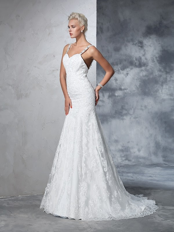 Trumpet/Mermaid Spaghetti Straps Lace Sleeveless Long Lace Wedding Dresses CICIP0006854