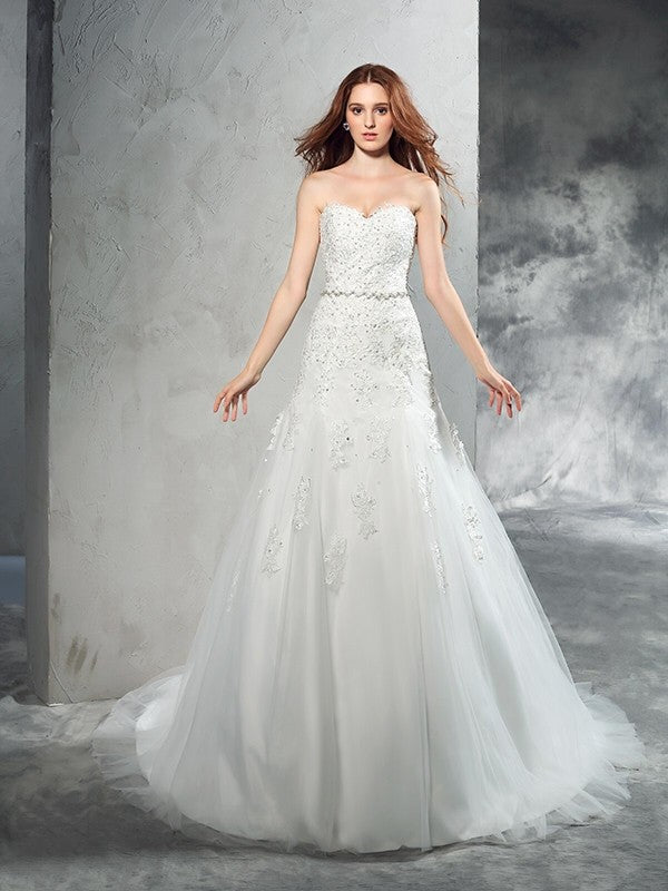 Sheath/Column Sweetheart Applique Sleeveless Long Satin Wedding Dresses CICIP0006806