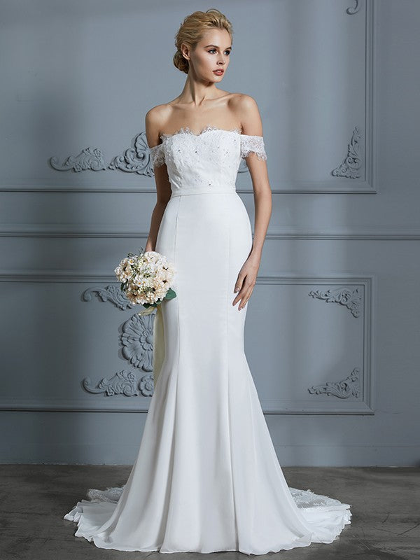 Trumpet/Mermaid Off-the-Shoulder Sleeveless Lace Chiffon Sweep/Brush Train Wedding Dresses CICIP0006339