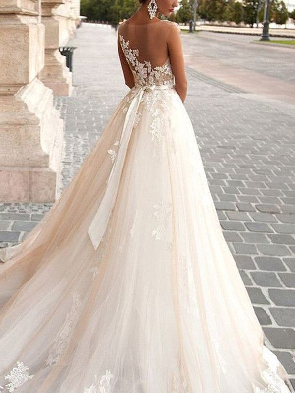 A-Line/Princess Tulle Scoop Applique Sleeveless Court Train Wedding Dresses CICIP0006785