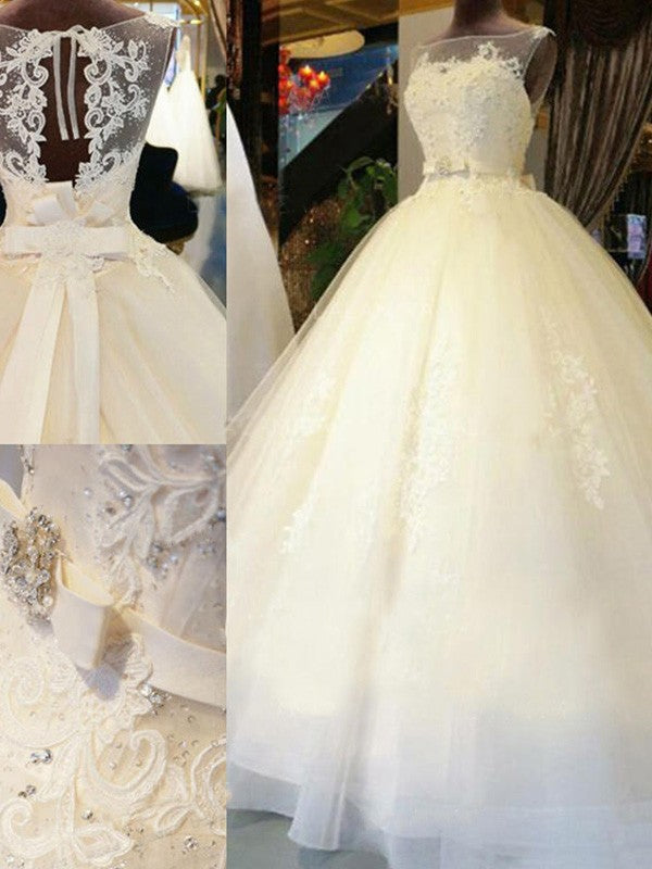 Ball Gown Scoop Cathedral Train Sleeveless Sash/Ribbon/Belt Applique Tulle Wedding Dresses CICIP0006479