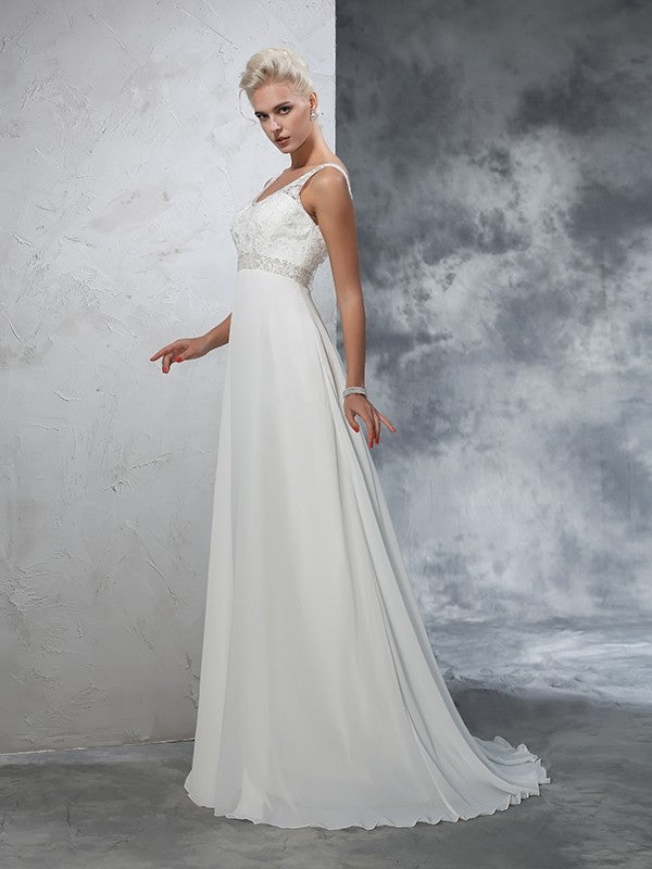 A-Line/Princess V-neck Beading Sleeveless Long Chiffon Wedding Dresses CICIP0006610