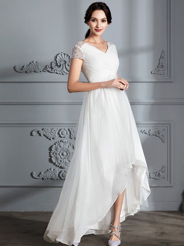 A-Line/Princess V-neck Short Sleeves Asymmetrical Tulle Wedding Dresses CICIP0006307