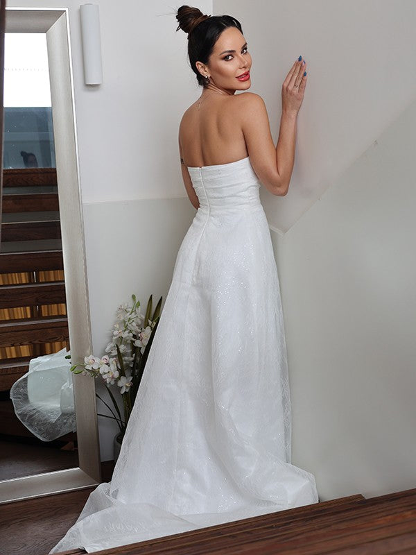 A-Line/Princess Ruched Sweetheart Sleeveless Sweep/Brush Train Wedding Dresses CICIP0006455