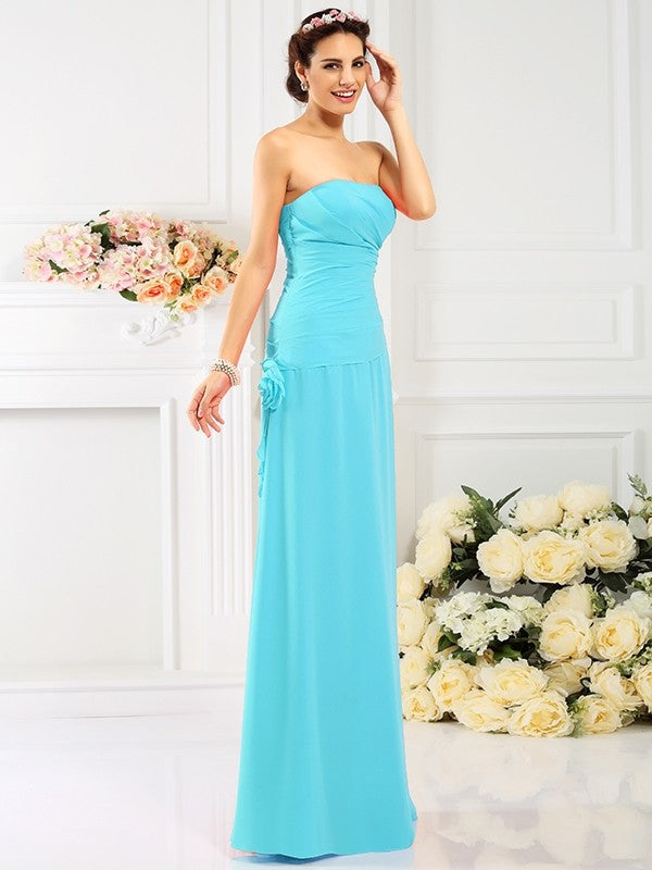 Sheath/Column Strapless Hand-Made Flower Sleeveless Long Chiffon Bridesmaid Dresses CICIP0005753