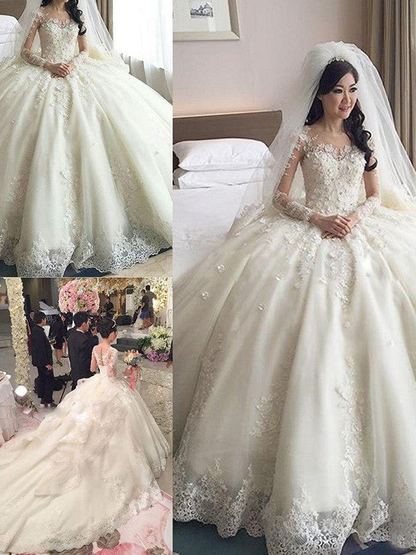 Ball Gown Scoop Cathedral Train Long Sleeves Lace Applique Tulle Wedding Dresses CICIP0006377