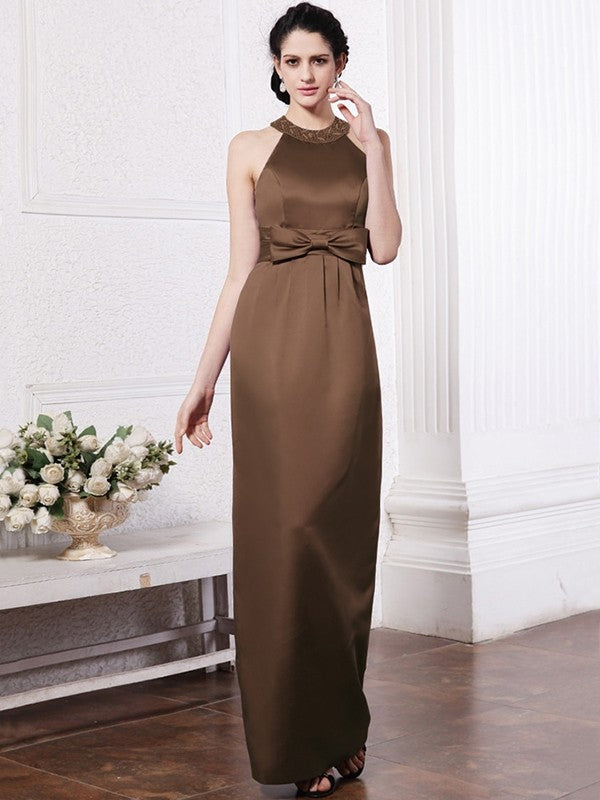 Sheath/Column Scoop Sleeveless Beading Bowknot Long Elastic Woven Satin Bridesmaid Dresses CICIP0005506