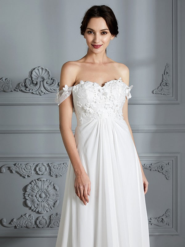 A-Line/Princess Off-the-Shoulder Sleeveless Chiffon Sweep/Brush Train Wedding Dresses CICIP0006370