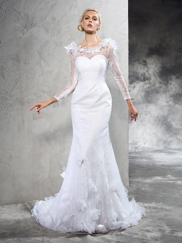 Sheath/Column Sheer Neck Hand-Made Flower Long Sleeves Long Satin Wedding Dresses CICIP0006923