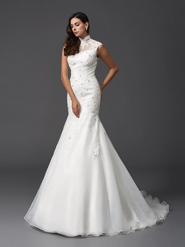 Trumpet/Mermaid High Neck Beading Sleeveless Long Organza Wedding Dresses CICIP0006227