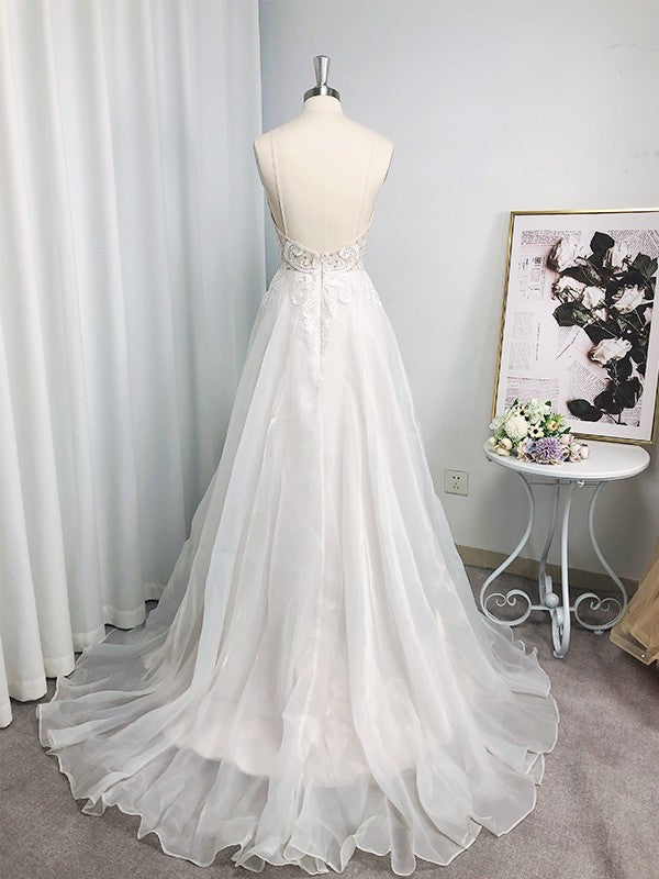 A-Line/Princess Spaghetti Straps Chiffon Applique Sleeveless Sweep/Brush Train Wedding Dresses CICIP0006166