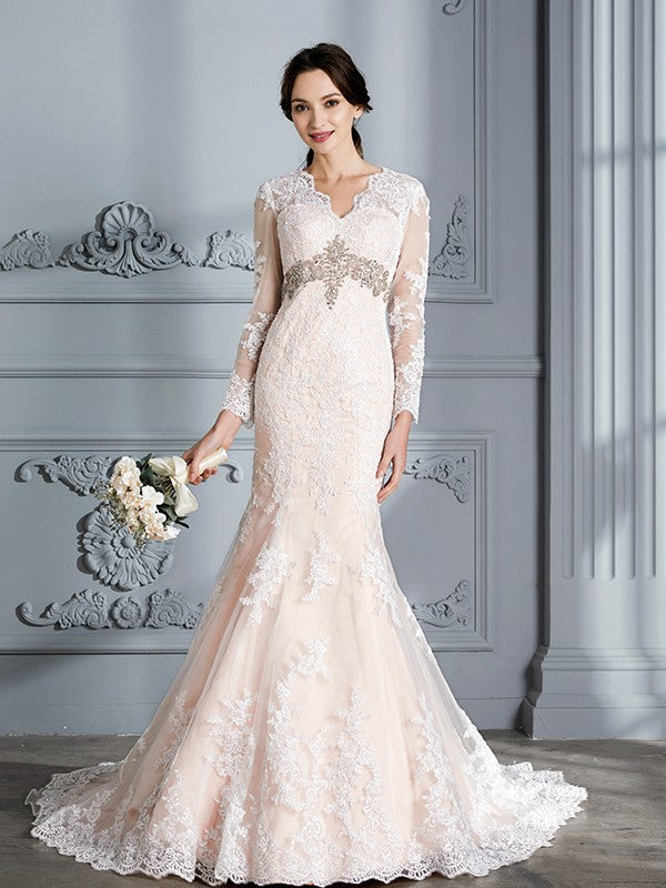 Trumpet/Mermaid V-Neck Beading Long Sleeves Sweep/Brush Train Tulle Wedding Dresses CICIP0006655