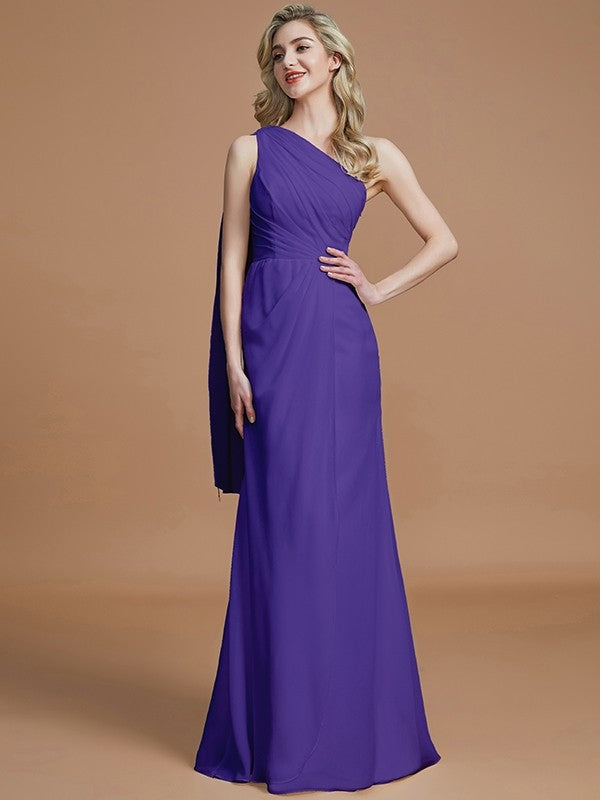 Sheath/Column One-Shoulder Sleeveless Floor-Length Chiffon Bridesmaid Dresses CICIP0005565