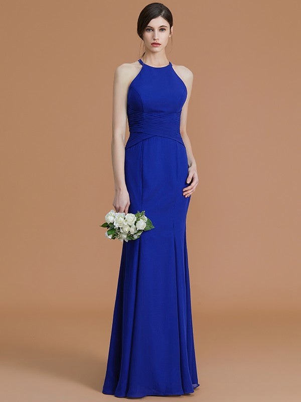 Trumpet/Mermaid Halter Sleeveless Floor-Length Ruched Chiffon Bridesmaid Dresses CICIP0005544