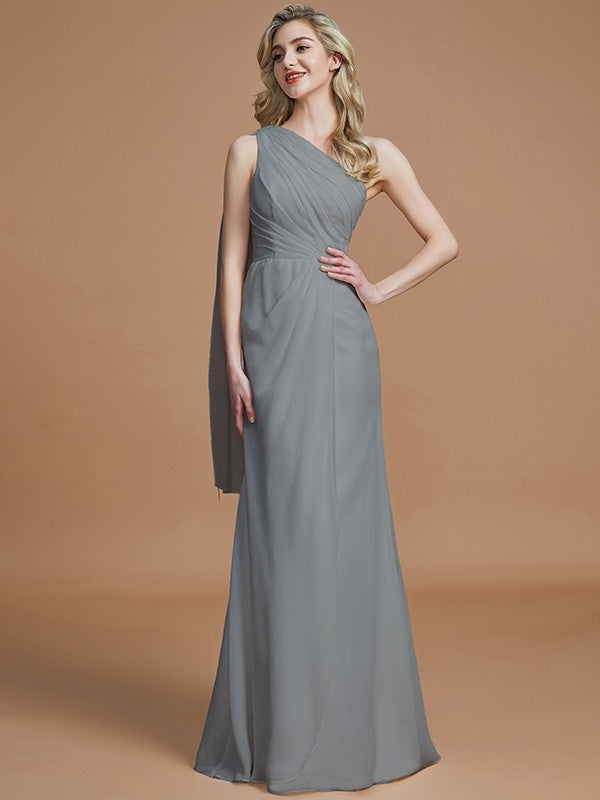 Sheath/Column One-Shoulder Sleeveless Floor-Length Chiffon Bridesmaid Dresses CICIP0005565