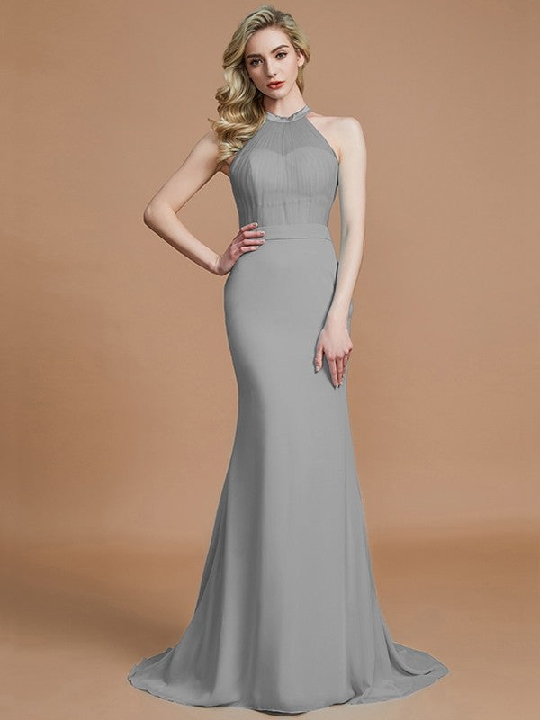 Trumpet/Mermaid Sleeveless Scoop Sweep/Brush Train Chiffon Bridesmaid Dresses CICIP0005142