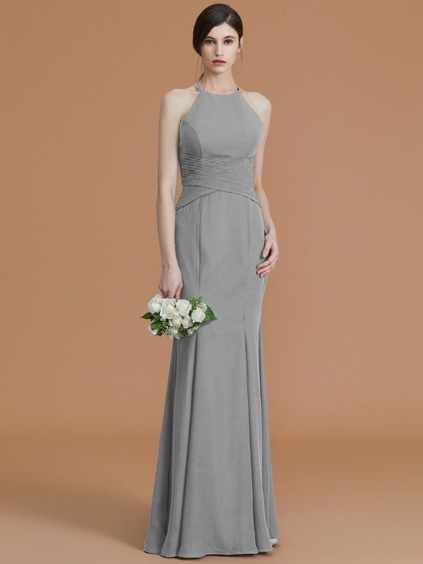 Trumpet/Mermaid Halter Sleeveless Floor-Length Ruched Chiffon Bridesmaid Dresses CICIP0005544