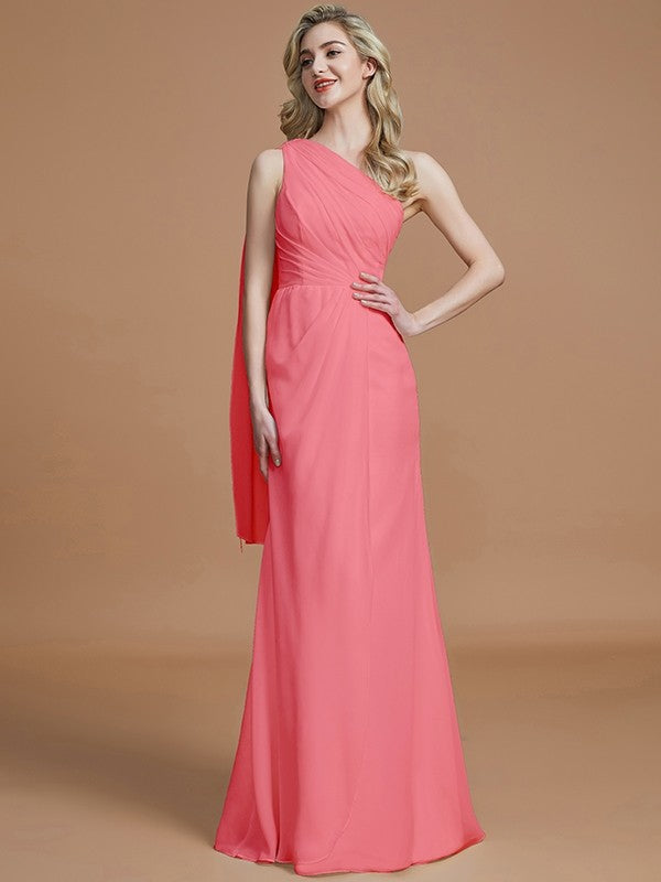 Sheath/Column One-Shoulder Sleeveless Floor-Length Chiffon Bridesmaid Dresses CICIP0005565