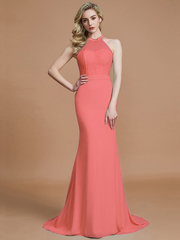 Trumpet/Mermaid Sleeveless Scoop Sweep/Brush Train Chiffon Bridesmaid Dresses CICIP0005142