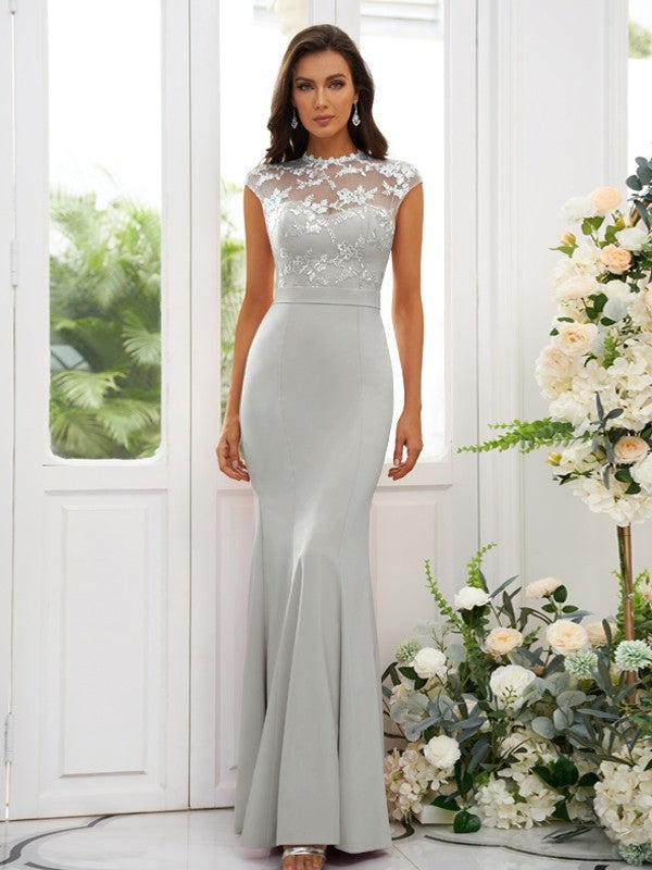 Trumpet/Mermaid Charmeuse Applique High Neck Sleeveless Floor-Length Bridesmaid Dresses CICIP0004924