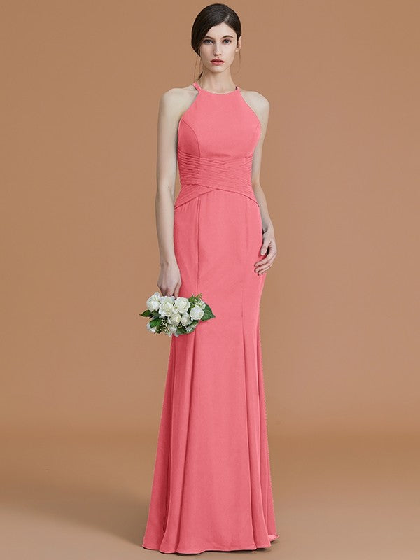 Trumpet/Mermaid Halter Sleeveless Floor-Length Ruched Chiffon Bridesmaid Dresses CICIP0005544