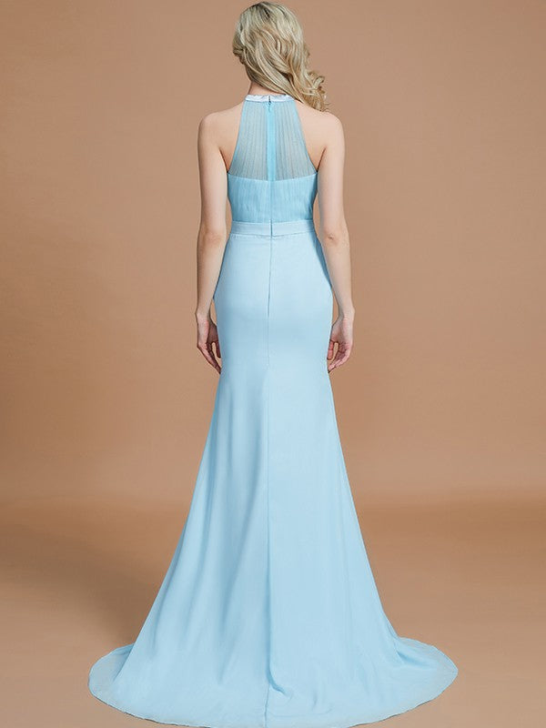 Trumpet/Mermaid Sleeveless Scoop Sweep/Brush Train Chiffon Bridesmaid Dresses CICIP0005142