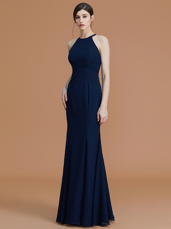 Trumpet/Mermaid Halter Sleeveless Floor-Length Ruched Chiffon Bridesmaid Dresses CICIP0005544