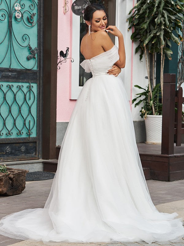 A-Line/Princess Tulle Ruffles Off-the-Shoulder Sleeveless Sweep/Brush Train Wedding Dresses CICIP0006442