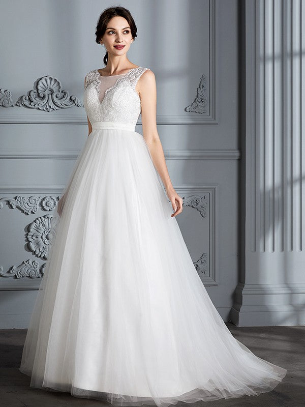 A-Line/Princess Sleeveless V-neck Sweep/Brush Train Tulle Wedding Dresses CICIP0006437