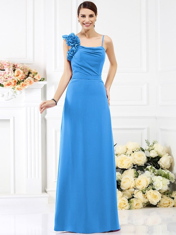 Sheath/Column Spaghetti Straps Hand-Made Flower Sleeveless Long Chiffon Bridesmaid Dresses CICIP0005774