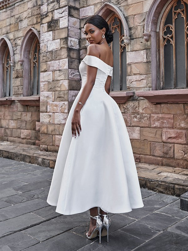 A-Line/Princess Satin Ruffles Off-the-Shoulder Sleeveless Ankle-Length Wedding Dresses CICIP0006529