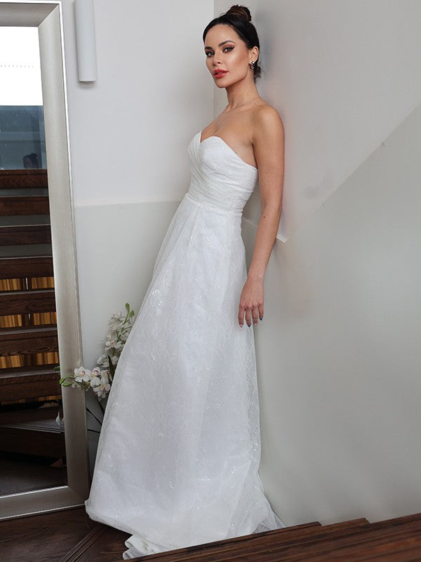 A-Line/Princess Ruched Sweetheart Sleeveless Sweep/Brush Train Wedding Dresses CICIP0006455