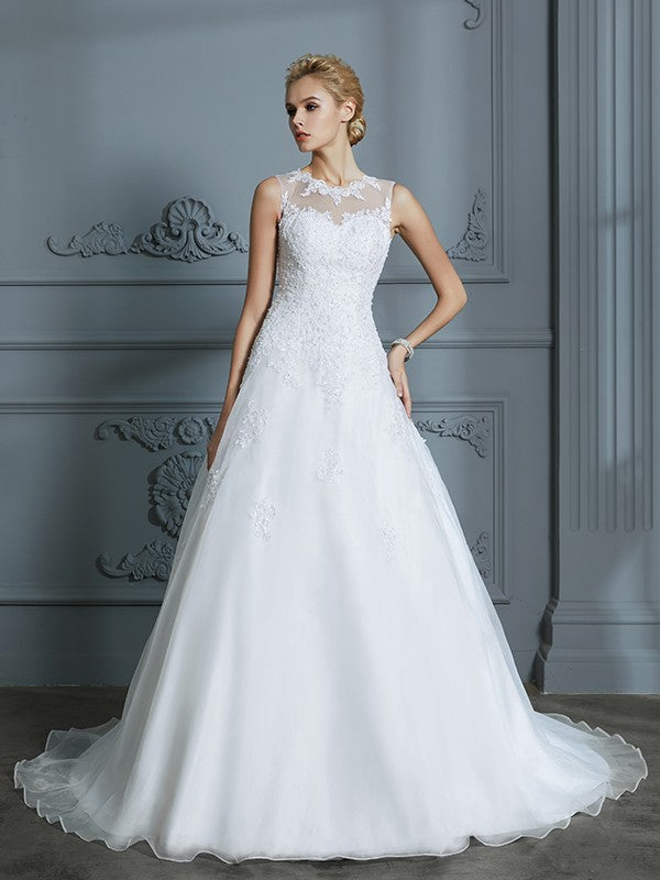 Ball Gown Scoop Sleeveless Organza Court Train Applique Wedding Dresses CICIP0006427