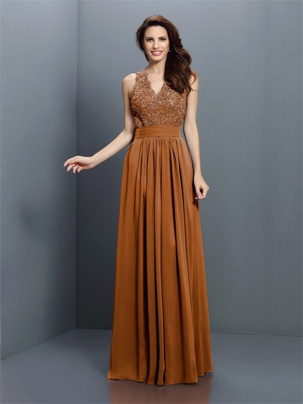 A-Line/Princess V-neck Applique Sleeveless Long Chiffon Bridesmaid Dresses CICIP0005255