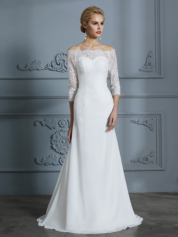 Trumpet/Mermaid 1/2 Sleeves Off-the-Shoulder Sweep/Brush Train Chiffon Wedding Dresses CICIP0006184