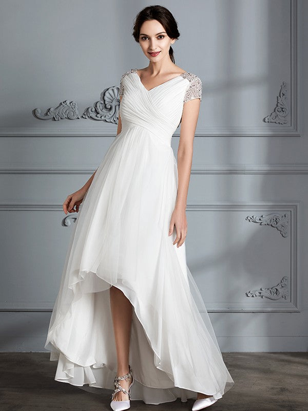 A-Line/Princess V-neck Short Sleeves Asymmetrical Tulle Wedding Dresses CICIP0006307