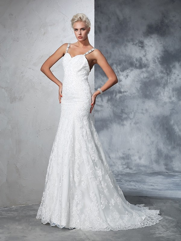 Trumpet/Mermaid Spaghetti Straps Lace Sleeveless Long Lace Wedding Dresses CICIP0006854