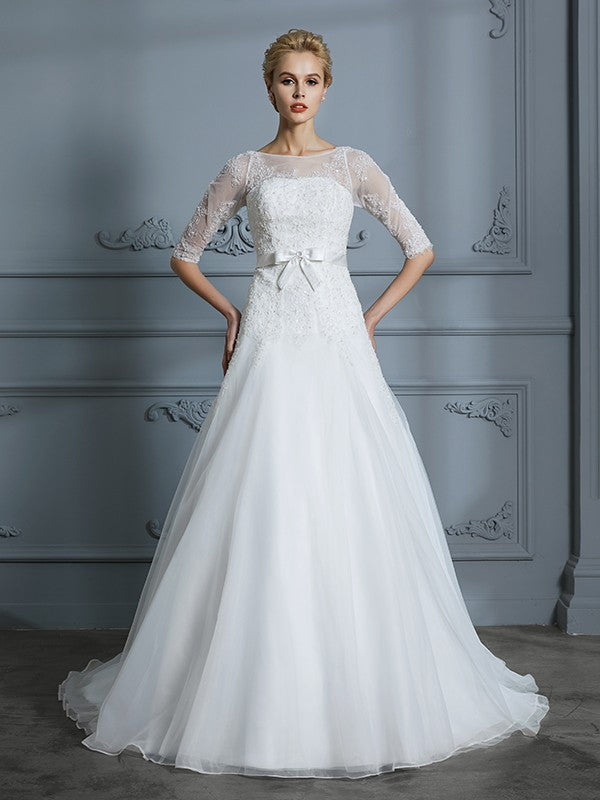 A-Line/Princess 1/2 Sleeves Scoop Lace Court Train Tulle Wedding Dresses CICIP0006509