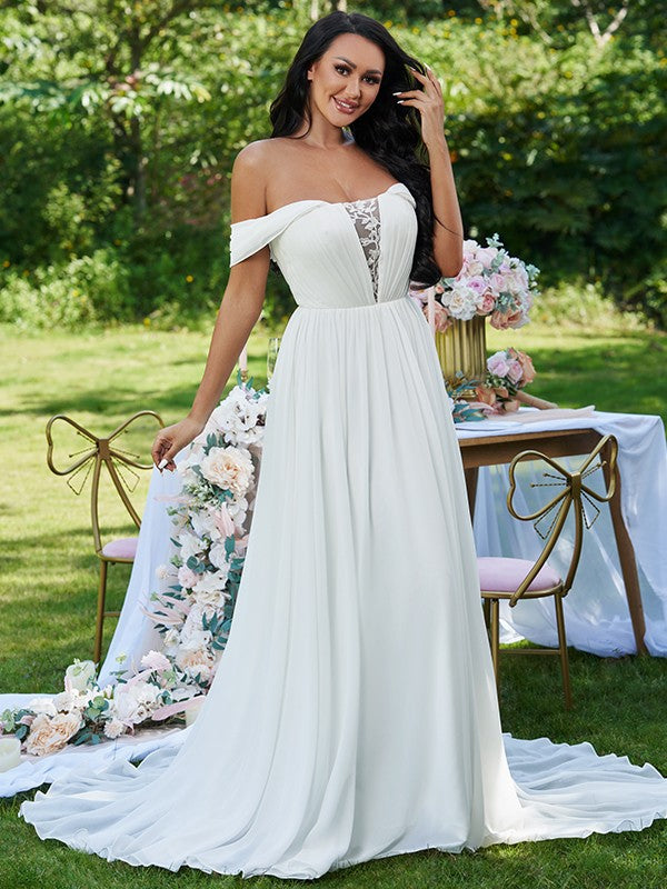 A-Line/Princess Chiffon Ruffles Off-the-Shoulder Sleeveless Sweep/Brush Train Wedding Dresses CICIP0006516