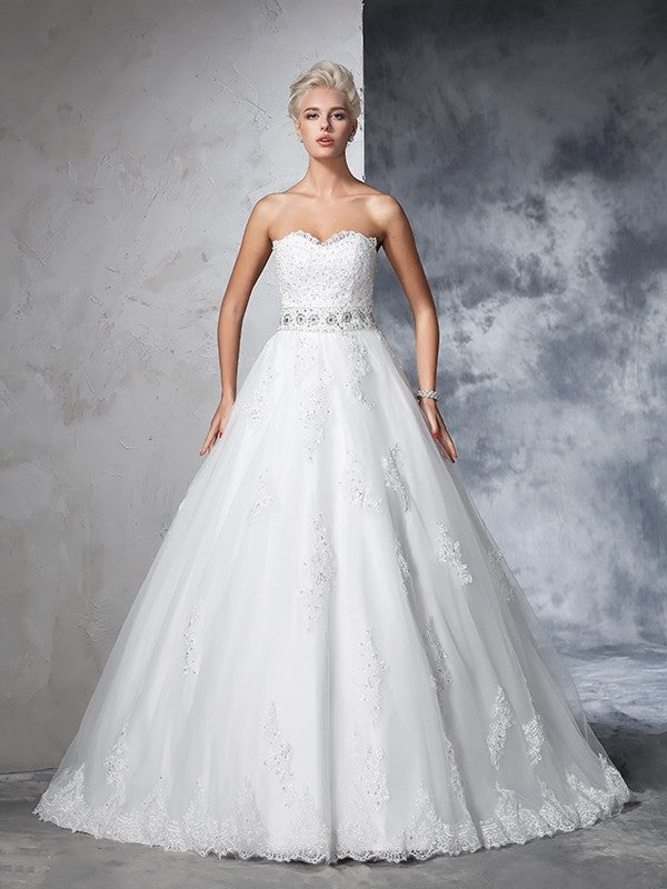 Ball Gown Sweetheart Applique Sleeveless Long Net Wedding Dresses CICIP0006719